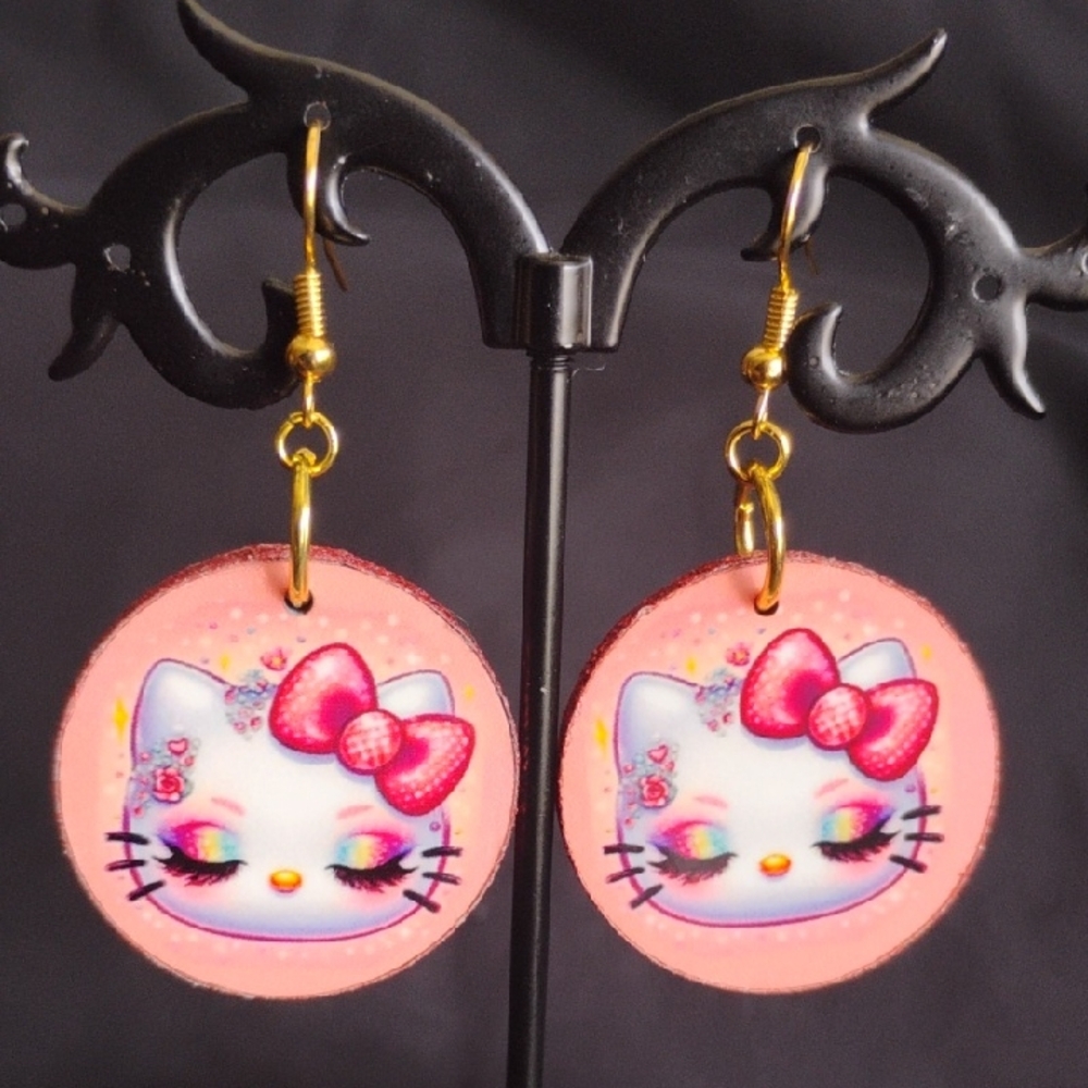 Hand Crafted Hello Kitty Gold Fishhooks Earrings